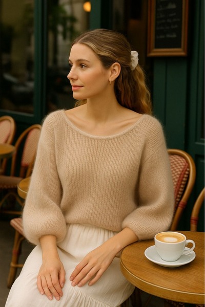 Hola Lady Bej Kayık Yaka Triko Kazak HL2001