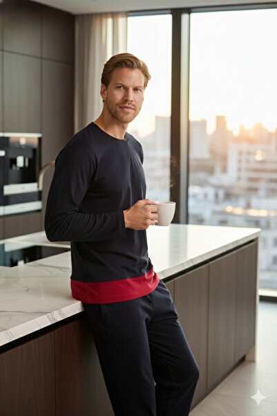 KLY Men's 100% Cotton Crew Neck Sporty Stylish Pajama Set – Red Detailing, Pockets, Comfortable Fit