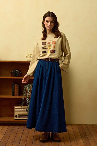 Ceylan Otantik Beige Authentic Printed Basic Body & Jeans Single Button Skirt Set