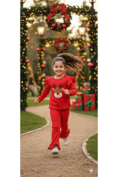 ARBİ kids Corded Fabric Sets of Girls' Christmas Deer-Themed Outfits