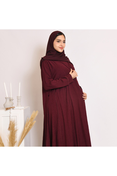 HAWRAA ABAYA عباية لف ربع كلوش باللون العنابي بقماش مقلم مع فستان طقم