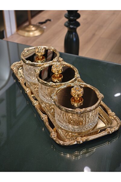 P&ORA PREMIUM KITCHEN PRODUCTS New Rose-Detail Gold 3-Piece Set, with Tray, Jelly Bowl, Jam Bowl, Snack Bowl