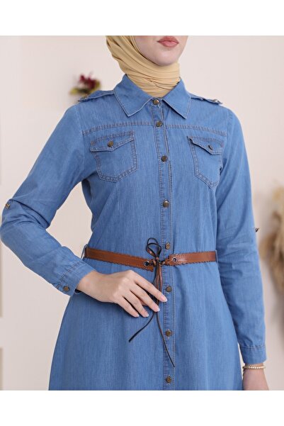 Modamorfo Modré džínsové šaty – s gombíkmi a opaskom