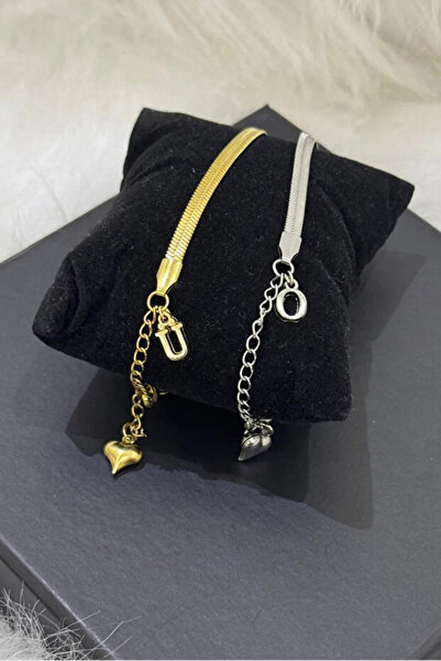 Si moda İkili Gold & Silver Çift Renk Kalpli Çelik Harfli Bileklik Seti (Sevg...