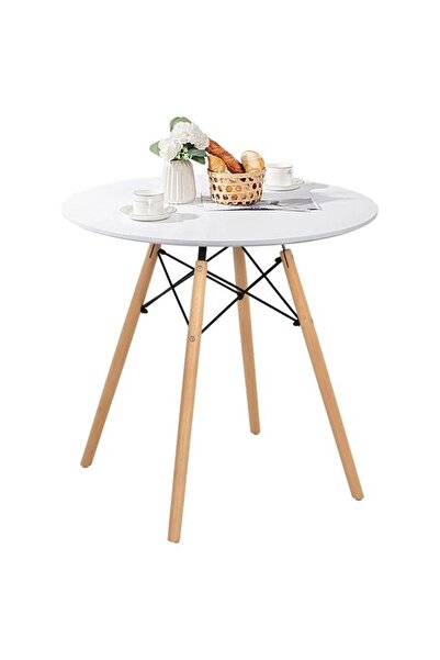 Taimi White Round Dining Table 80x80x72cm With solid Wooden Legs Suitable For Dining and Living Room