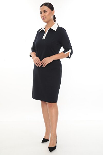 etselements White Collar and Sleeve Detailed Zippered Sports Dress 154 Navy Blue