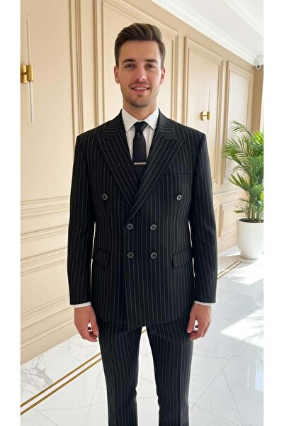 Salihtarzz Takım Elbise Çizgili Kruvaze Battal Büyük Beden Siyah SD42269