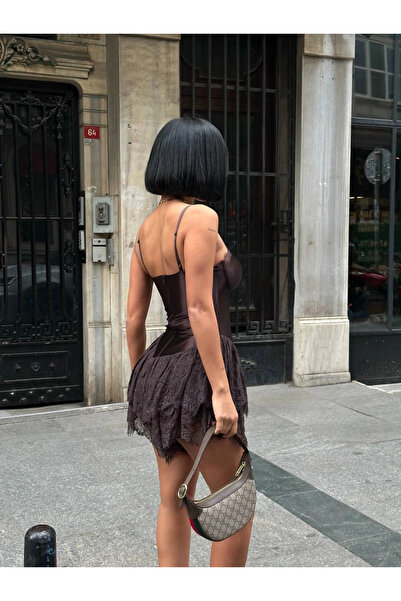 Bak Moda Μίνι Φόρεμα Ολόσωμο Καφέ με Λεπτομέρεια Δαντέλας και Σατέν Κορσέ