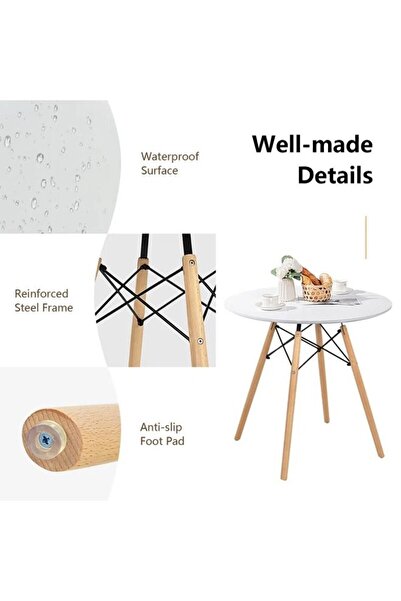 Taimi White Round Dining Table 80x80x72cm With solid Wooden Legs Suitable For Dining and Living Room