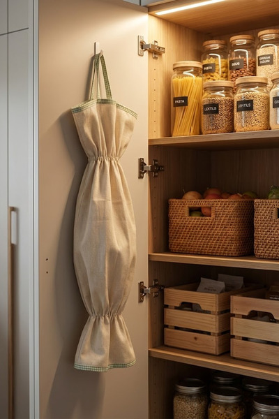 YUNUSOĞLU HOME Green Piped Beige Color Bag Holder – Kitchen Organizer Hanging Bag – 50 cm Cloth Bag Storage Bag