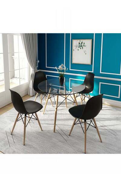 Taimi Glass Round Dining Table 80x80x72cm With solid Wooden Legs Suitable For Dining and Living Room