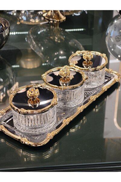 P&ORA PREMIUM KITCHEN PRODUCTS New Rose-Detail Gold Silver 3-Piece Set, with Tray, for Juice, Jam, and Snacks