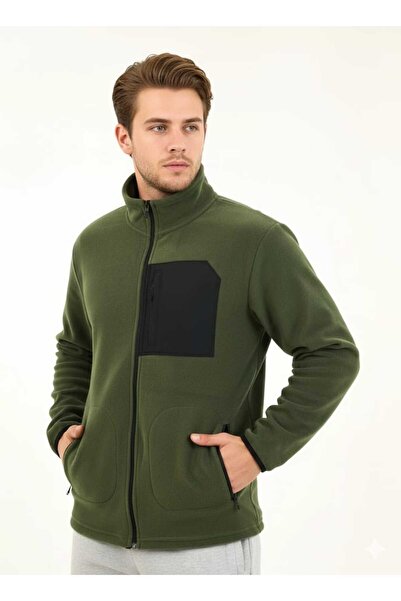 fh fashionhere Men's Full Zip Khaki Fleece Jacket with 3 Front Pockets and Pocket Detail
