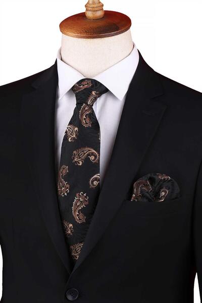 Kravatkolik ربطة عنق كلاسيكية باللون الأسود - بنمط الشال البني مع منديل KK13304