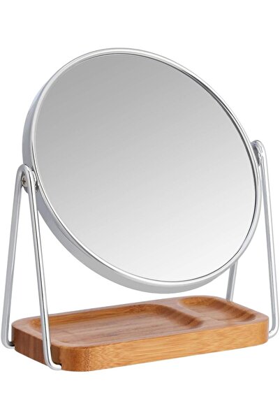 Amazon basics Round Tabletop Mirror with Bamboo Tray - 1x/5x, Silver, 18.3 x 8.5 cm