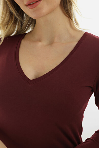 Almila Μακρυμάνικο μπλουζάκι με λαιμόκοψη σε σχήμα V εφαρμοστό Γυναικείο μπλουζάκι 2039-Βαμβακερό ελαστικό ύφασμα Μπλούζα που εφαρμόζεται στο σώμα