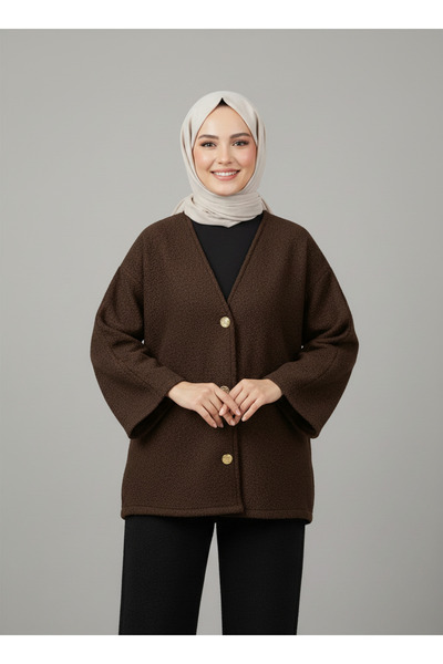 MİHRA STORE Jachetă Finelie Gold cu Butoane Boucle-FS5511 Maro Închis