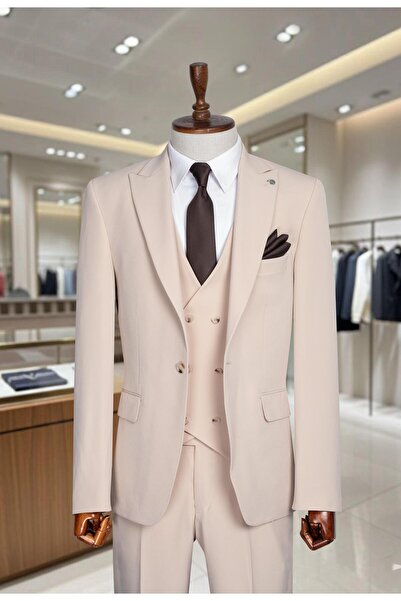 Salihtarzz Takım Elbise SlimFit Krem Yelekli Premium SD42289