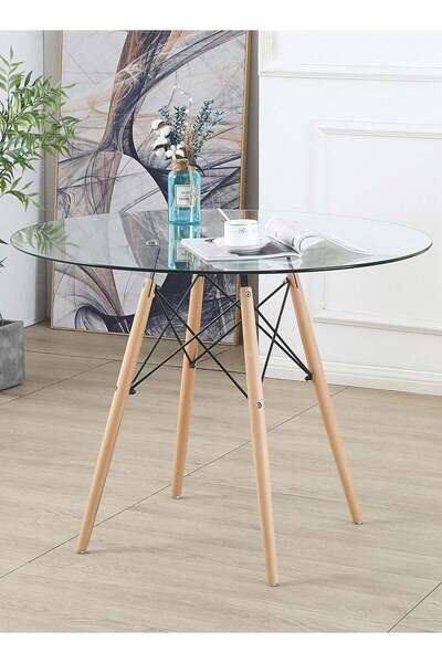 Taimi Glass Round Dining Table 80x80x72cm With solid Wooden Legs Suitable For Dining and Living Room