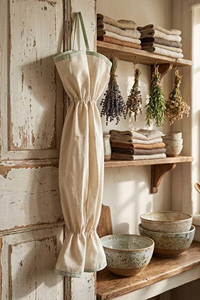 YUNUSOĞLU HOME Green Piped Beige Color Bag Holder – Kitchen Organizer Hanging Bag – 50 cm Cloth Bag Storage Bag