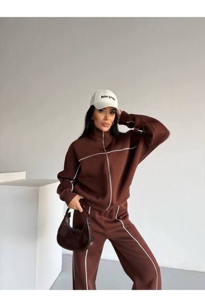 VESS MODA Women's Compak Combed Cotton 3-Thread Inner Ş Fleece-Lined Intermediate B Piped Double Tracksuit Set