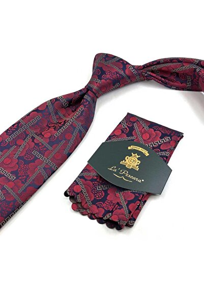 Kravatkolik Red - Navy Blue Motif Pattern Classic Tie with Handkerchief Kk13311