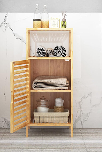 welcomein Doğal Bambu 4 Raflı Banyo ve Çamaşır Dolabı – Tek Kapaklı Panjur Tasarım Saklama Dolabı