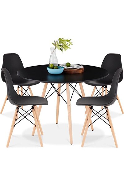 Taimi Black Round Dining Table 80x80x72cm With solid Wooden Legs Suitable For Dining and Living Room