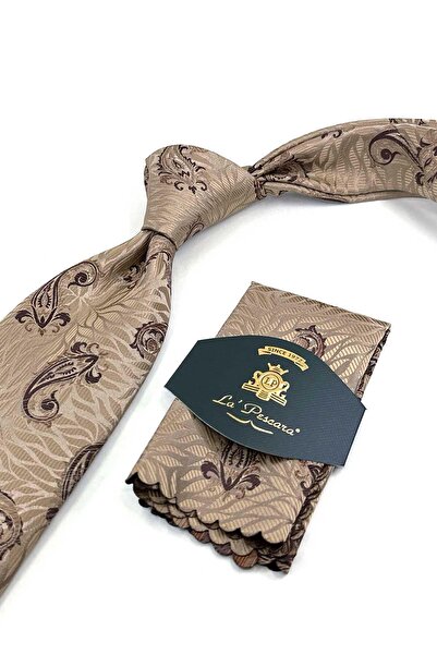 Kravatkolik Beige - Brown Shawl Pattern Classic Tie with Handkerchief Kk13301