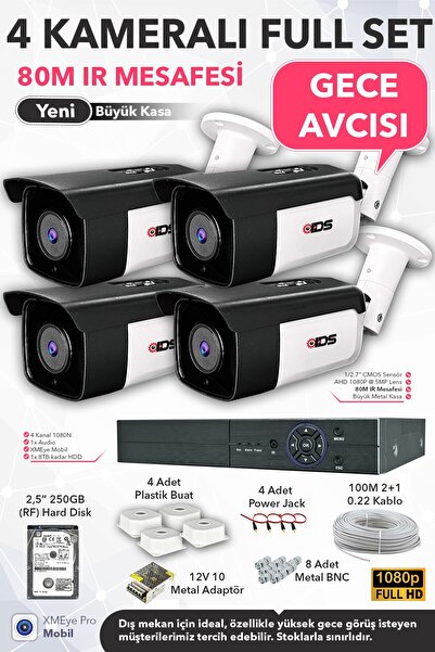 IDS 4 KAMERALI FULLHD 80M GECE GÖRÜŞLÜ GÜVENLİK KAMERASI SETİ - 250GB