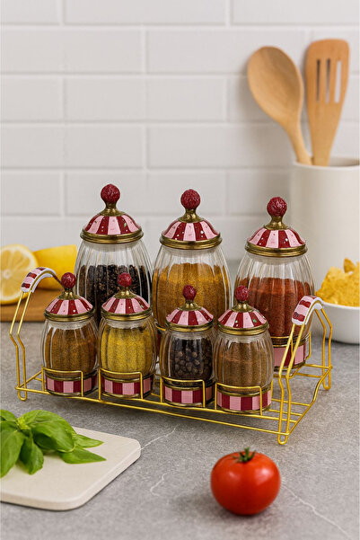 NEWNOW Royalcandy Red Striped Gold Detailed 7-Piece Glass Spice Jar Set – Luxury Spice Jar with Stand