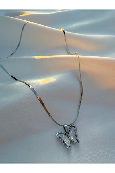Eylülün Takısı Sparkling Stone Butterfly Silver Color Steel Necklace