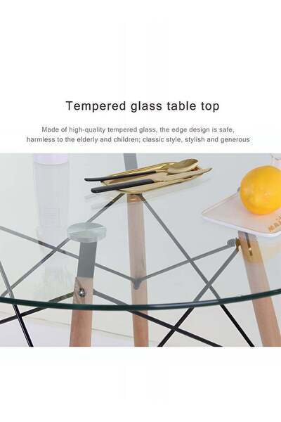 Taimi Glass Round Dining Table 80x80x72cm With solid Wooden Legs Suitable For Dining and Living Room