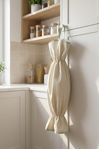 YUNUSOĞLU HOME Green Piped Beige Color Bag Holder – Kitchen Organizer Hanging Bag – 50 cm Cloth Bag Storage Bag