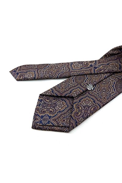 Kravatkolik Coffee - Navy Blue Motif Pattern Classic Tie with Handkerchief Kk13325