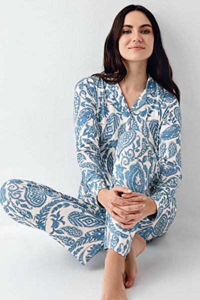 Pierre Cardin Set de pijamale cu guler pentru cămașă cu mânecă lungă, albastru, pentru femei