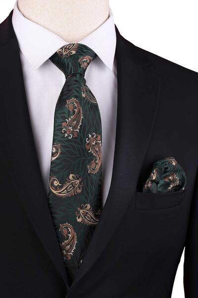Kravatkolik Green - Brown Shawl Pattern Classic Tie with Handkerchief Kk13302