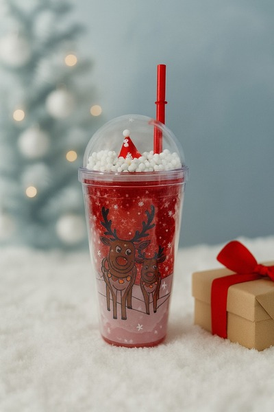 NEWNOW Christmas Themed Deer Patterned Transparent Cup – Cold Drink Cup with Lid and Straw
