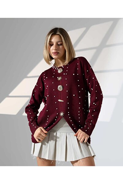 New Deux Women's Stylish Big Button Pearl Pattern Women's Knitwear Slit Sweater