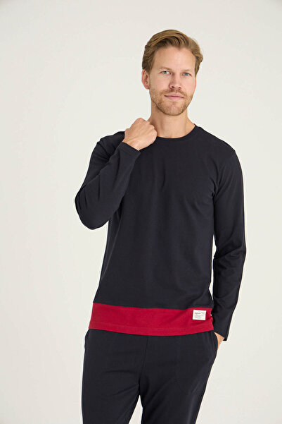 KLY Men's 100% Cotton Crew Neck Sporty Stylish Pajama Set – Red Detailing, Pockets, Comfortable Fit