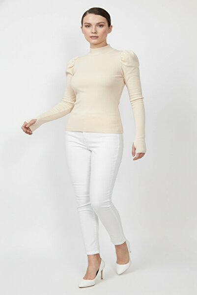 evolise Turtleneck Finger-Looped Ribbed Knit Princess Sleeve Blouse - Beige