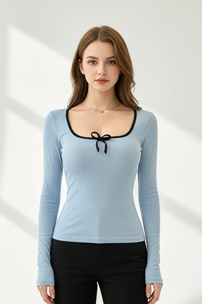 evolise Square Neck Ribbon Detail Ribbed Knit Blouse - Baby Blue