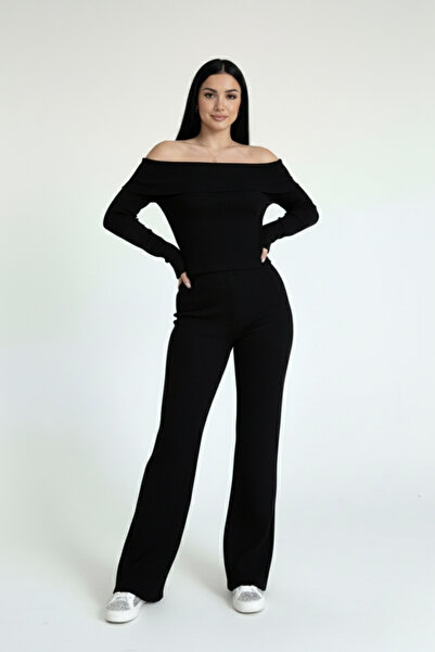 evolise Women's Madonna Collar Black Top and Bottom Set