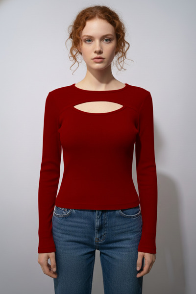 evolise Turtleneck Cut Out Corded Fabric Ribbed Knit Blouse - Red