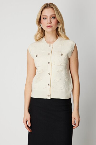 ON Sıfır Yaka Kabartma Desenli Triko Yelek