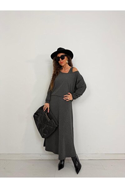 QİMYA BUTİK With a Bunch Women's Thick Strap Y Slit Sleeveless Dress over Long Sleeve Open Collar Short Blouse Two-Piece