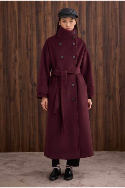 HEQA Funnel Neck Long Coat Burgundy
