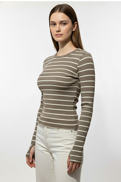buğrahayalin Women's Striped Slip-On Blouse - Brown