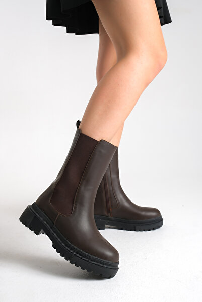 Ayakkabı Delisiyim Καφέ δερμάτινες κοντές γυναικείες μπότες με ελαστική χοντρή σόλα αδιάβροχη Harper