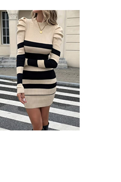 ND Bej Bodycon Elbise Çizgili Desenli